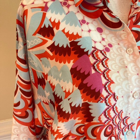 ZARA Satin Faux Silk Twill Red Pink Blue Paisley Scarf Print Button Up Shirt - Picture 5 of 10